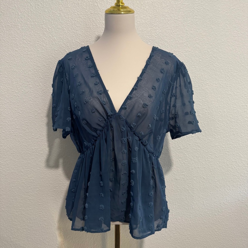 SHEIN Curve Blue Swiss Dot Peplum V Neck Short Sleeve Top Womens 1XL
